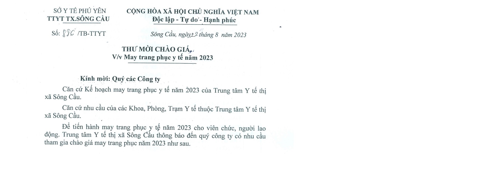 Thư mời chào giá May trang phục y tế năm 2023